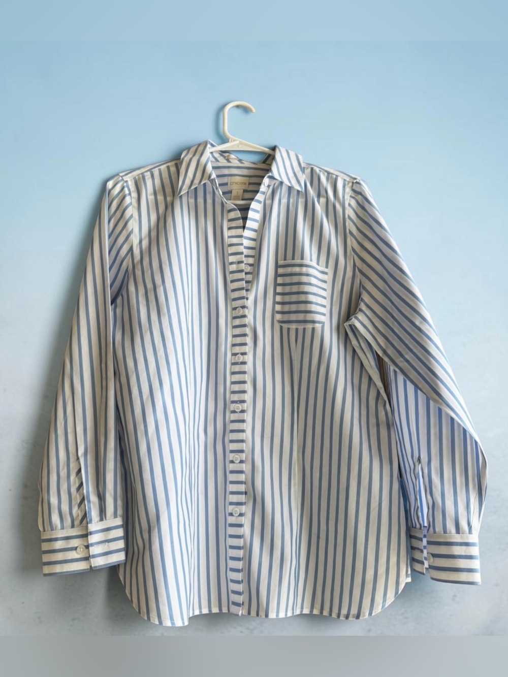 Chico’s Size 1  Light Blue and White Striped Button-Down Shirt